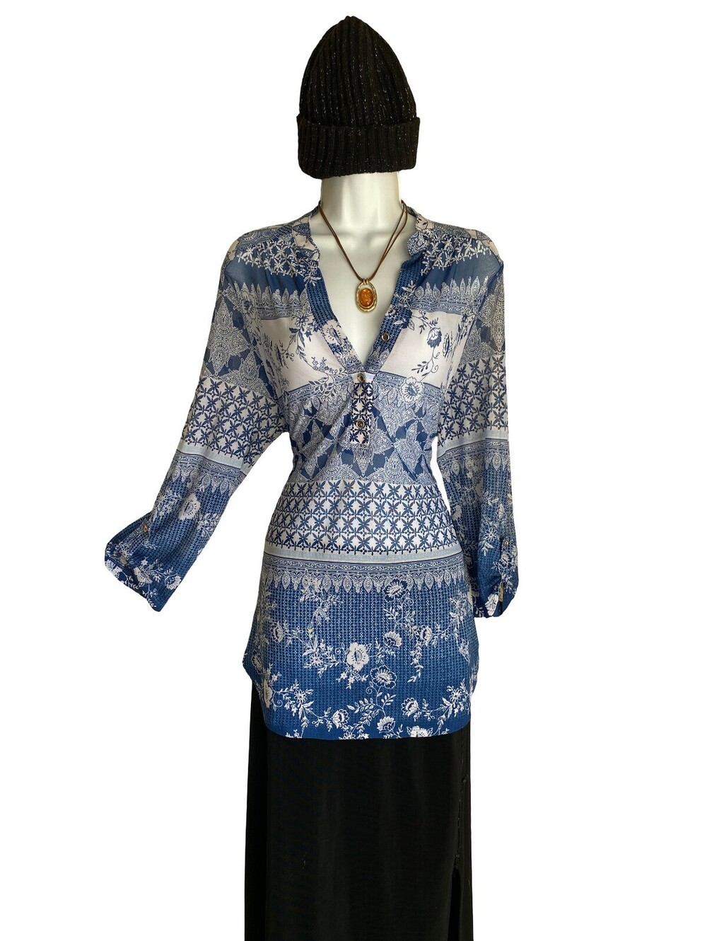 Y2k PerSeption Women's Large Boho Blue White Paisley Tunic Blouse Button Up